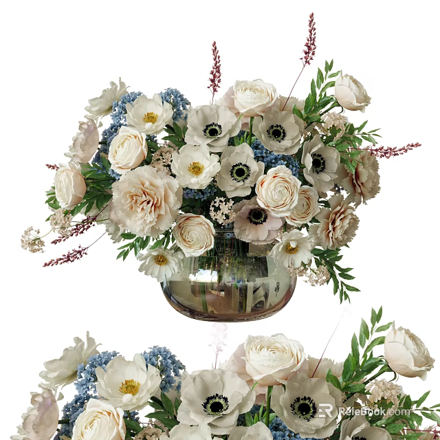 Elegant Floral Arrangement With White And Blue Flowers In Glass Vase 3d model 