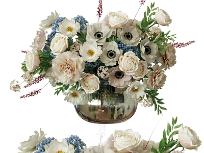 Elegant Floral Arrangement With White And Blue Flowers In Glass Vase 3d model