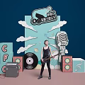 Vibrant Music Stage with Performer Guitar Microphone Speakers Clouds and Rainbow Decorations