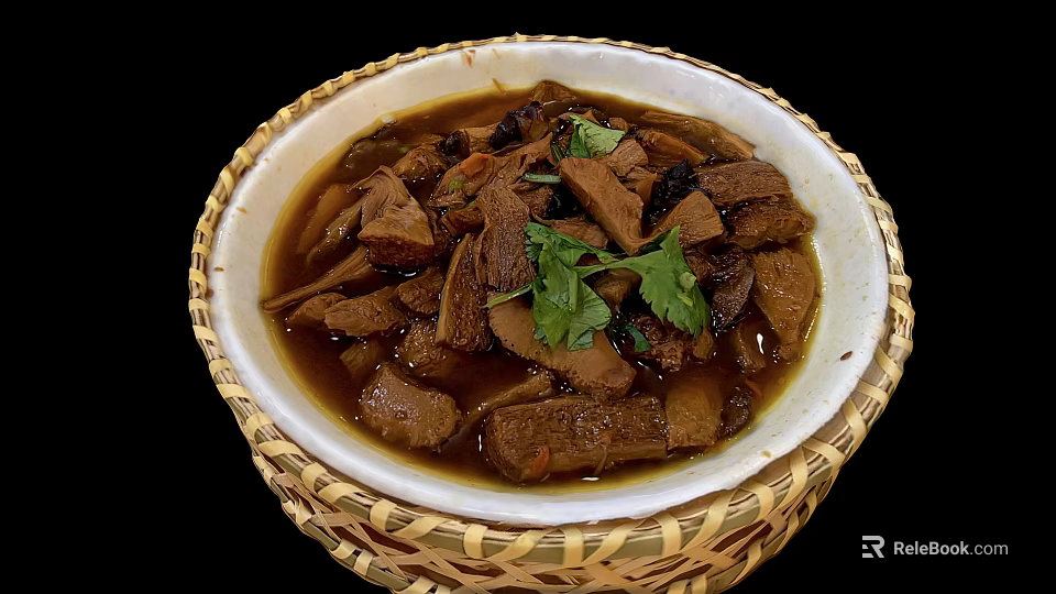 Tasty Braised Meat Stew With Chunks In Broth Topped With Fresh Coriander In Bamboo Bowl 3d model 