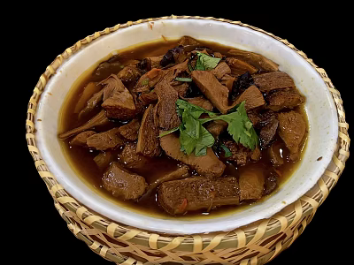 Tasty Braised Meat Stew With Chunks In Broth Topped With Fresh Coriander In Bamboo Bowl 3d model