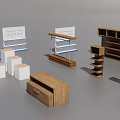 Various Store Display Shelves Featuring Wooden White And Blue Multi Tiered Designs