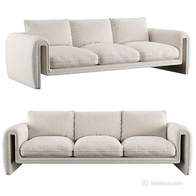 Light Beige Modern Three-Seater Sofa With Upholstered Cushions And Curved Arms 3d model 