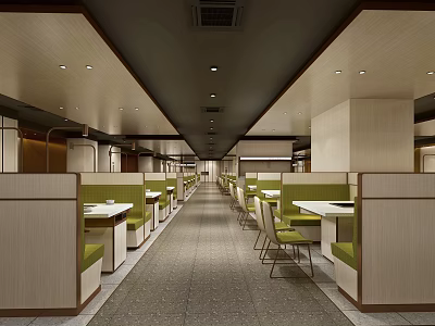 Modern Restaurant Interior With Booth Seating Green Tables And Ambient Lighting 3d model