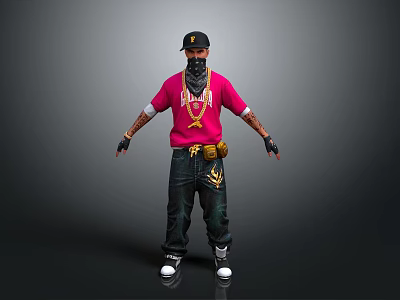 Game Movie Character Wearing Red T-shirt Black Bandana with Tattoos Dark Pants Yellow Fanny Pack 3d model