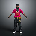 Game Movie Character Wearing Red T-shirt Black Bandana with Tattoos Dark Pants Yellow Fanny Pack
