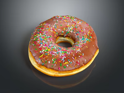 Delicious Chocolate Frosted Donut Topped With Colorful Sprinkles On Black Background 3d model