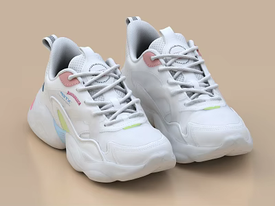White Chunky Sole Sneakers With Colorful Accents And Lace Up Casual Design 3d model