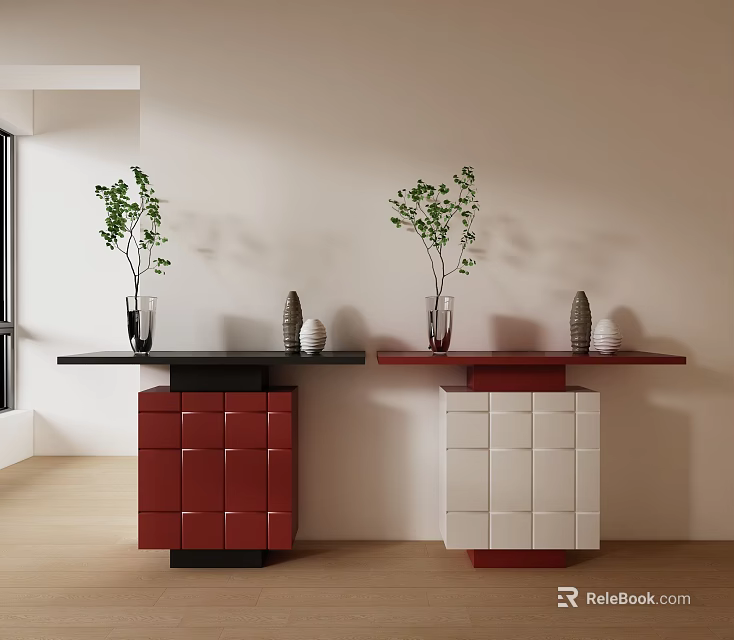 Stylish Console Tables With Red Black White Bases Green Plants Vases And Decorative Items 3d model 