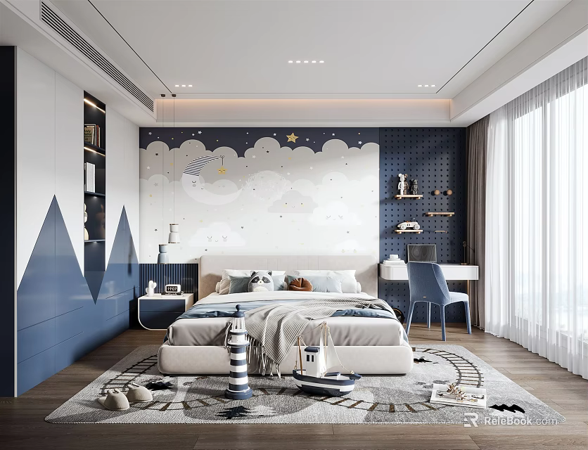 Cozy Modern Kids Room Interior With Cloud Star Wall Bed Rug And Desk Chair 3d model 