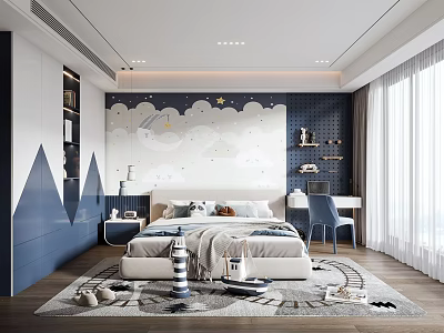 Cozy Modern Kids Room Interior With Cloud Star Wall Bed Rug And Desk Chair 3d model
