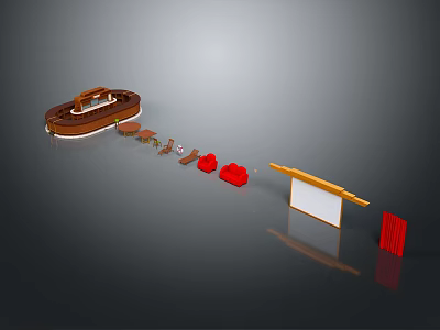 Modern Wooden Reception Desk With Red Accents White Display Board And Smooth Countertop 3d model