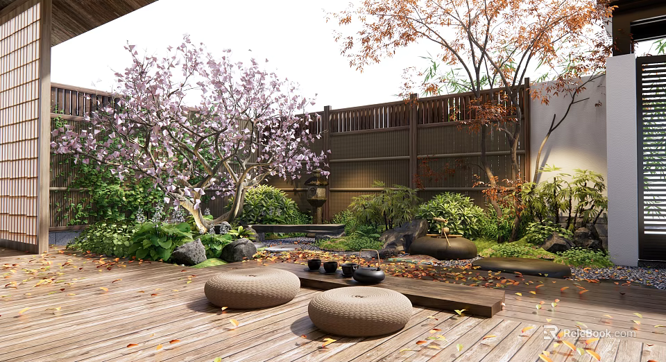 Serene Courtyard Garden Featuring Wooden Deck Round Cushions Cherry Blossom Tree And Fallen Leaves 3d model 