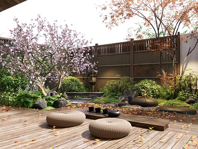 Serene Courtyard Garden Featuring Wooden Deck Round Cushions Cherry Blossom Tree And Fallen Leaves 3d model