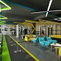 Modern Fitness Gym Interior With Green Walls Yellow Tires Exercise Equipment And Yellow Floor Lines