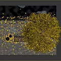 Golden Yellow Leaf Tree With Wooden Bench Street Lamp And Fallen Leaves