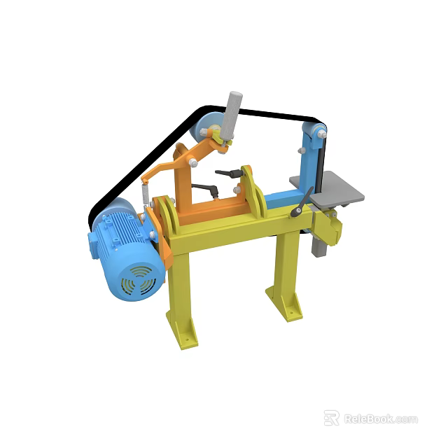 Industrial Grinding Machinery With Yellow Base Blue Motor And Belt Drive 3d model 