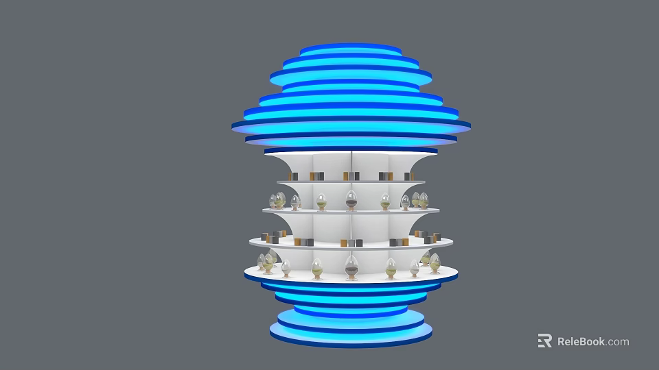 Multi tiered Display Cabinet With Blue White Striped Design And Illuminated Shelves Holding Items 3d model