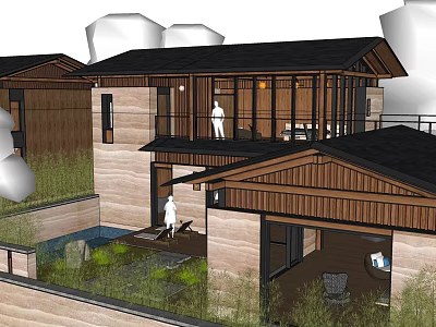 Modern Detached Villa With Wooden Exterior Black Roof Garden Terrace And Water Feature 3d model