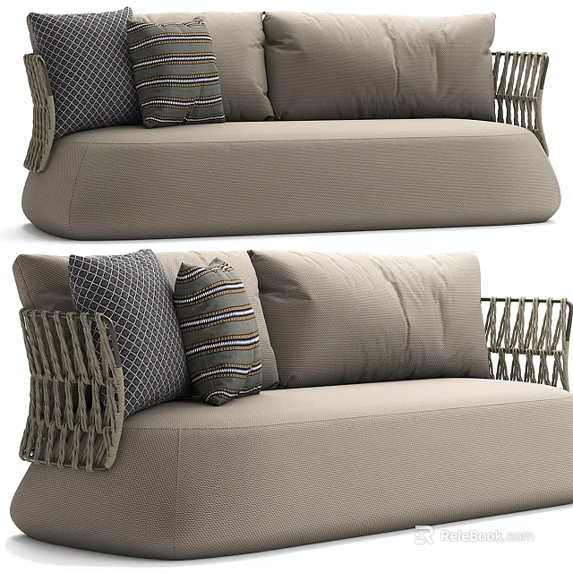 Beige Sectional Sofa With Woven Armrests And Decorative Pillows For Living Room 3d model 