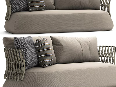Beige Sectional Sofa With Woven Armrests And Decorative Pillows For Living Room 3d model