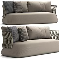 Beige Sectional Sofa With Woven Armrests And Decorative Pillows For Living Room