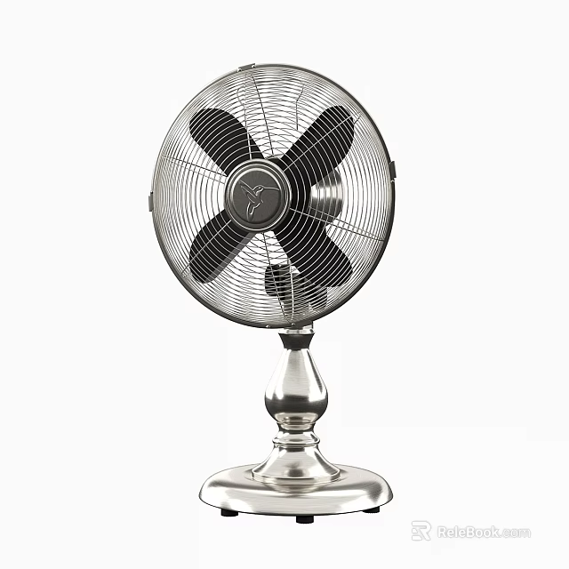 Modern Tabletop Air Conditioning Fan With Metallic Body Black Blades And Silver Base 3d model 