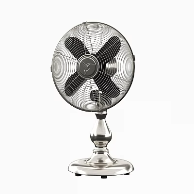 Modern Tabletop Air Conditioning Fan With Metallic Body Black Blades And Silver Base 3d model
