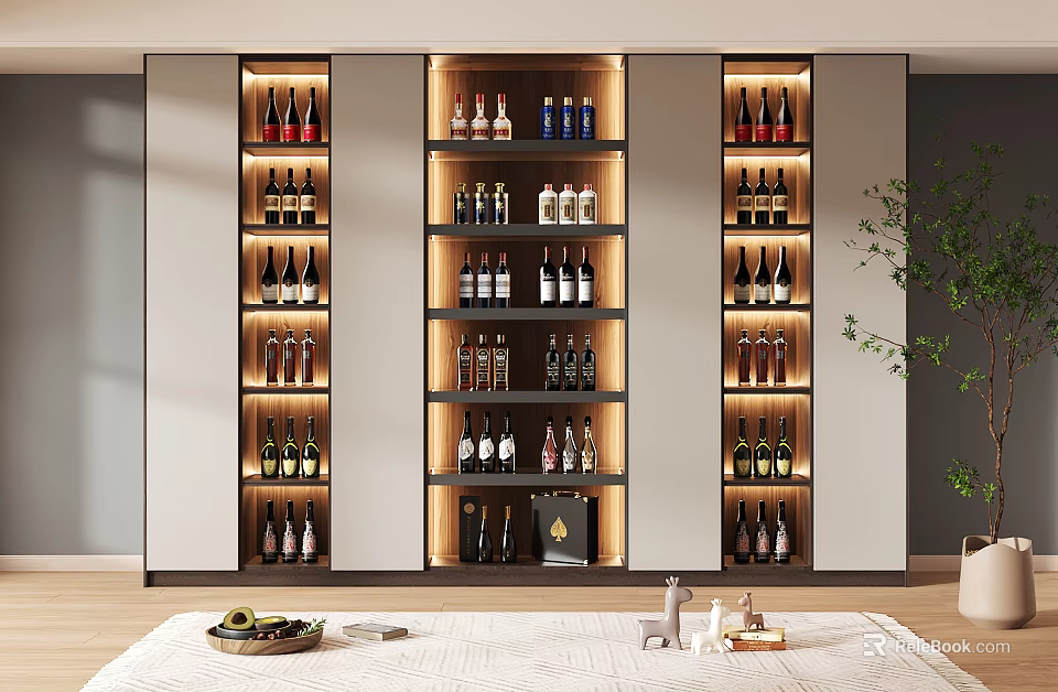 Elegant Modern Wine Cabinet With Illuminated Shelves And Assorted Wine Bottles 3d model 