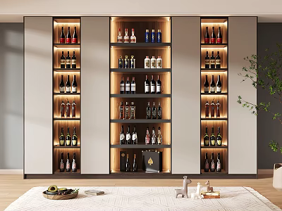 Elegant Modern Wine Cabinet With Illuminated Shelves And Assorted Wine Bottles 3d model