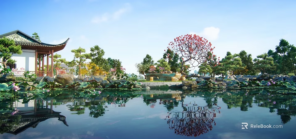 Traditional Garden Landscape With Pond Reflection Blooming Red Tree And Classical Pavilion 3d model 