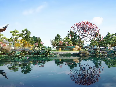 Traditional Garden Landscape With Pond Reflection Blooming Red Tree And Classical Pavilion 3d model