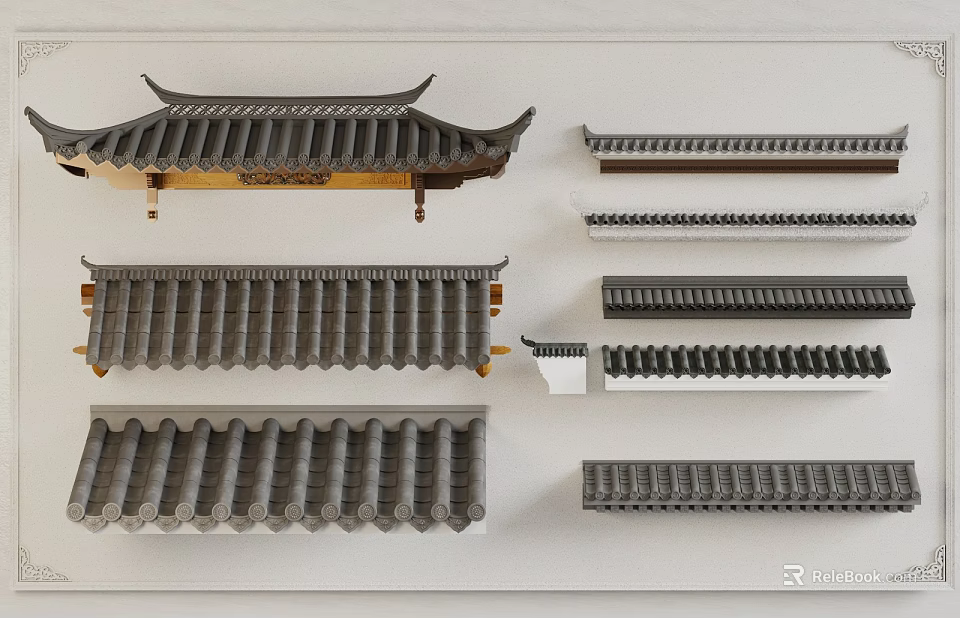 Traditional Chinese Architecture Roof Components With Various Eave And Tile Designs 3d model