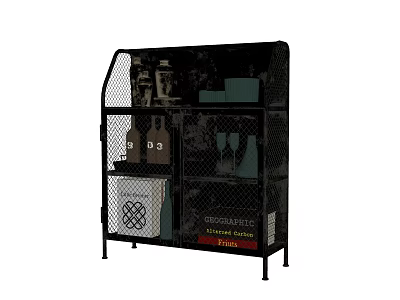 Black Metal Storage Shelf with Multiple Layers Holding Bottles Glasses and Decorative Items 3d model