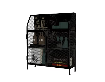 Black Metal Storage Shelf with Multiple Layers Holding Bottles Glasses and Decorative Items 3d model