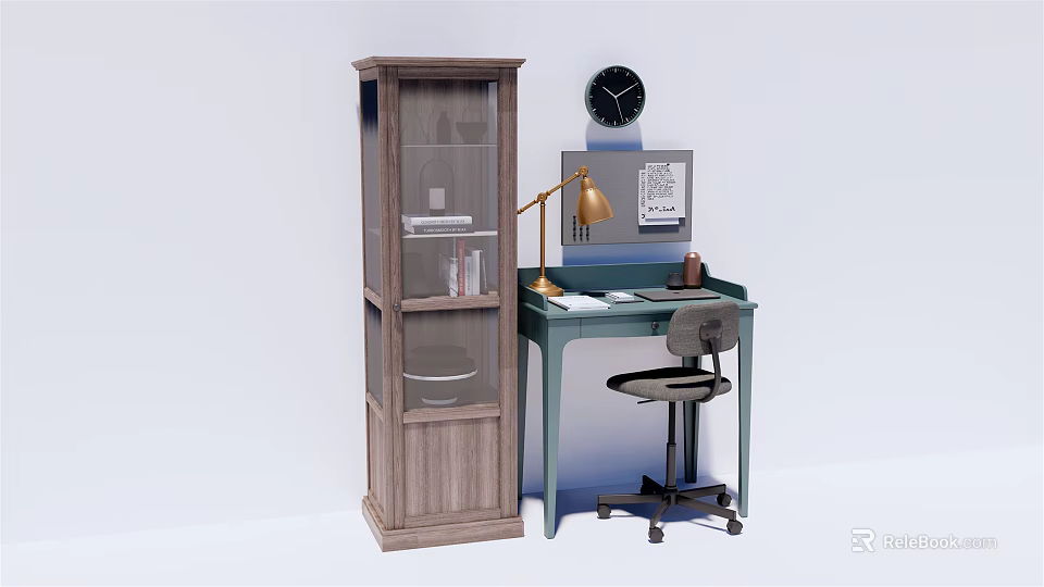 Modern Home Office Desk With Wooden Bookshelf Desk Lamp Laptop Clock And Chair 3d model 