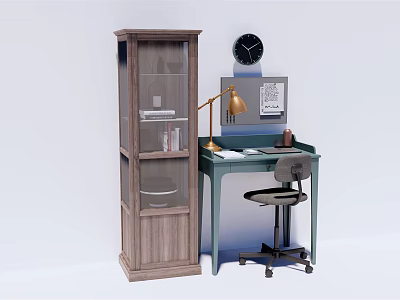 Modern Home Office Desk With Wooden Bookshelf Desk Lamp Laptop Clock And Chair 3d model