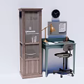 Modern Home Office Desk With Wooden Bookshelf Desk Lamp Laptop Clock And Chair