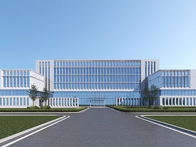 Modern Office Building With Large Glass Windows Grand Entrance And Landscaped Lawn Driveway 3d model