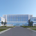 Modern Office Building With Large Glass Windows Grand Entrance And Landscaped Lawn Driveway