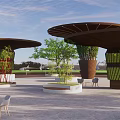 Scenic Park Landscape With Umbrella Shaped Structures Green Trees Water Surface And Seating Areas