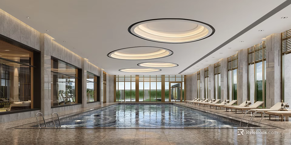 Modern Indoor Swimming Pool With Large Windows Lounge Chairs And Ceiling Lighting 3d model 