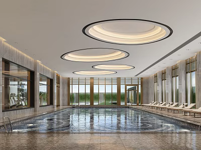 Modern Indoor Swimming Pool With Large Windows Lounge Chairs And Ceiling Lighting 3d model