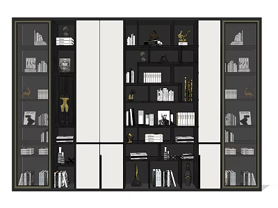 Modern Black Bookcase With Glass Doors Layered Shelves Holding Books And Decorative Items 3d model