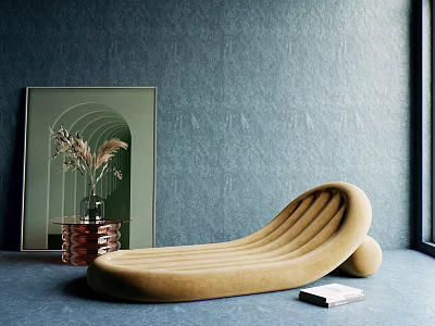 Curved Beige Lounge Chair With Brass Side Table Dried Flowers Framed Artwork Gray Wall 3d model