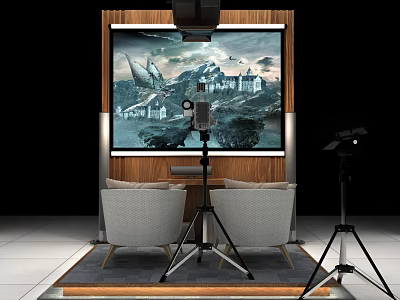 Photography Setup With Large Screen Displaying Castle Mountain Scene Camera On Tripod And Comfortable Chairs 3d model