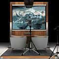Photography Setup With Large Screen Displaying Castle Mountain Scene Camera On Tripod And Comfortable Chairs