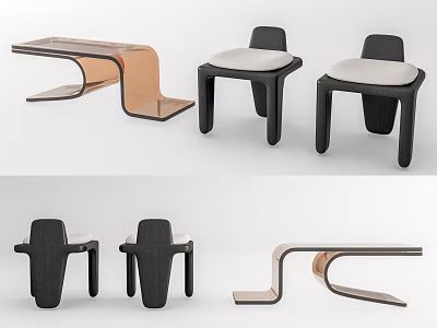 Modern Leisure Chairs with Black Frames Light Colored Cushions and Matching Curved Table 3d model