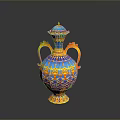 Ornate Carved Vase Sculpture Featuring Blue Orange Decorative Patterns Two Handles And Lid