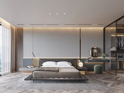 Modern Bedroom Interior Design With Platform Bed Accent Wall Hanging Lights And Large Window 3d model